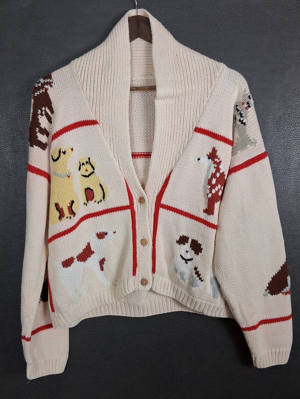 Vintage Sweater Womens XL Shawl Collar Dog Novelty Kitch Camp Chunky Knit